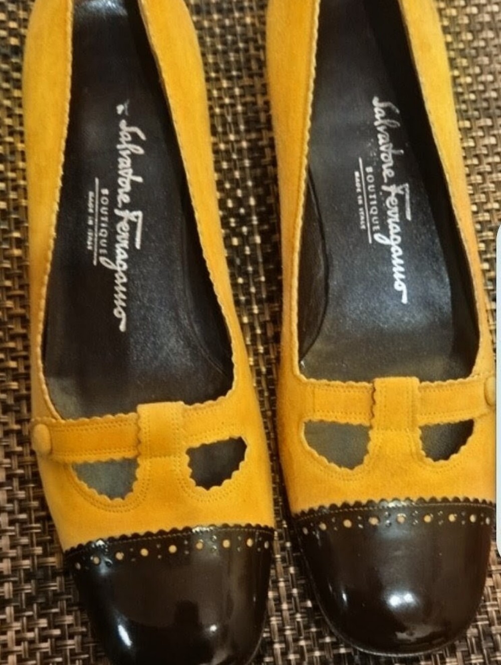 Salvatore Ferragamo Tan Suede Flats with Brown Patent Cap-Toe